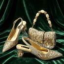 Slingback Heels Matching Clutch Bag Set Women Luxury Crystal Pointed Shoes for Wedding Evening Party