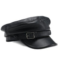Black leather cap with a buckle on a white background, Obroi