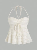 Women Summer Casual Lace Textured Short Halter Neck Lace Up Vest Top