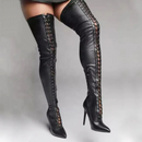 Black lace-up knee-high boots on a gray background, Obroi