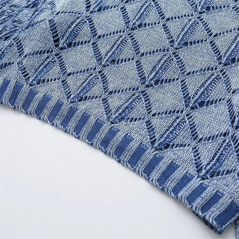 Autumn Women's Wash Effect Knitwear Vintage Geometric Hollow Out Pullover Smock Thin Crop Top Sweater