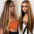 Long straight wig with a dark brown root and warm honey-blonde highlights, shown on a model on the left and on a mannequin head on the right, Obroi