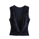 Women Tulle Backless Bow Lace Up Tank Tops Vintage O-Neck Sleeveless Female Chic Lady Top