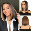 10" Short Bob Wig Synthetic Lace Front Wigs For Women Free Part Lace Wig Ombre Brown Blonde Wig