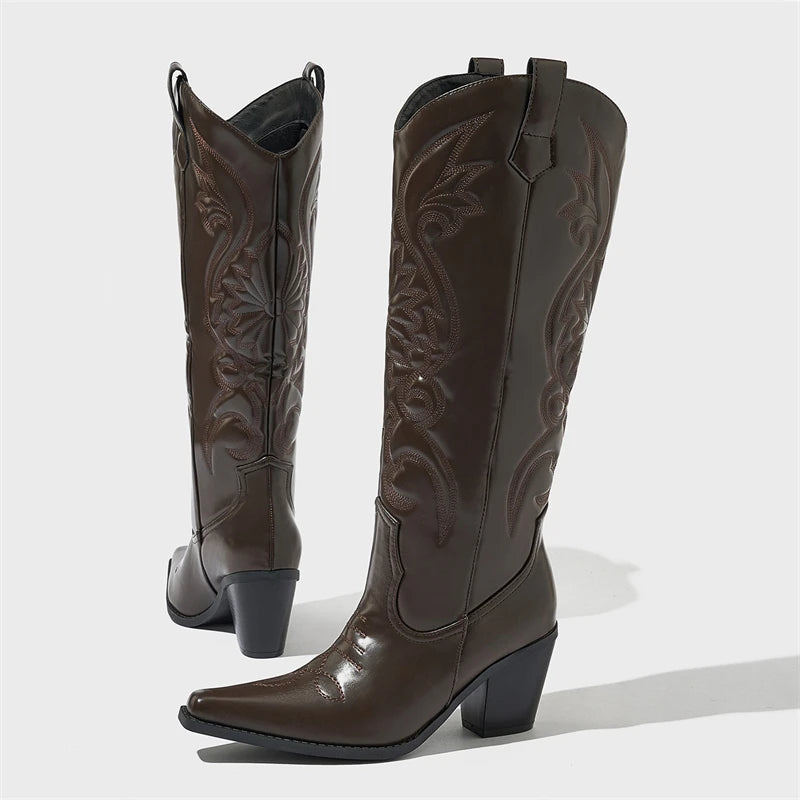 Comfort Leather Knee-High Boots Spring Autumn Pointed Thick Heel Sewing Side Zipper Boots Women