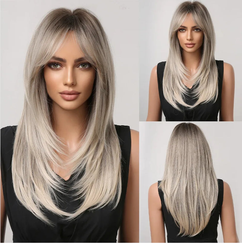 Long Blonde Layered Wigs With Curtain Bangs Light Blonde Straight Wig Natural Women Wavy Hair Daily Party