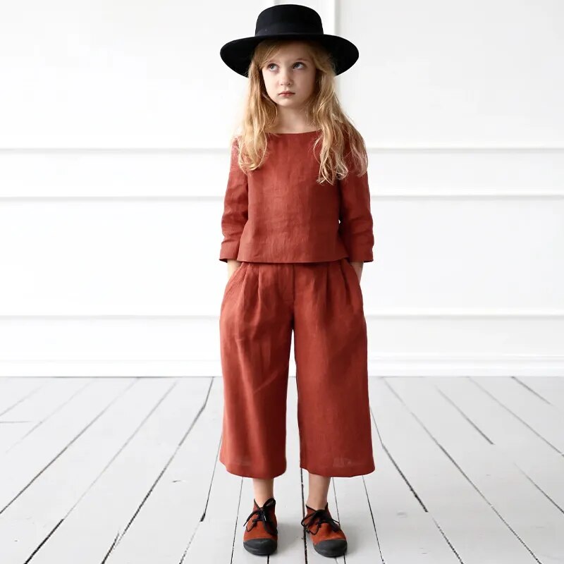 Retro Brick Red Cotton And Linen Girls Suit Spring Summer  Sleeve Tops Straight Pants 2pcs Sets