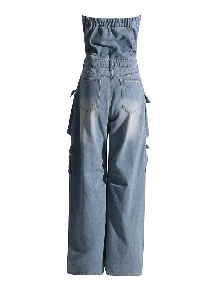 Women's Jumpsuit High Waist Strapless Pockets Solid Cargo Ripped Denim Pants Summer