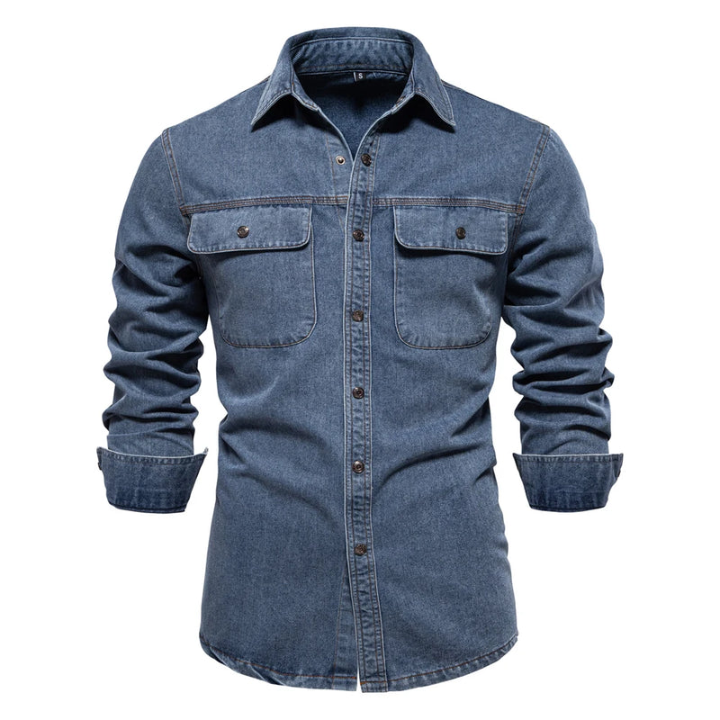 Men Denim Shirts Double Pocket Casual Men Shirts Long Sleeve Autumn Jeans Shirts for Men