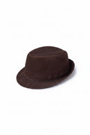 A dark brown felt fedora hat with a pinched crown and a curved brim, featuring three decorative button details on the side, set against a plain white background, Obroi