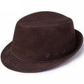 A dark brown felt fedora hat with a pinched crown and a curved brim, featuring three decorative button details on the side, set against a plain white background, Obroi