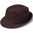A dark brown felt fedora hat with a pinched crown and a curved brim, featuring three decorative button details on the side, set against a plain white background, Obroi