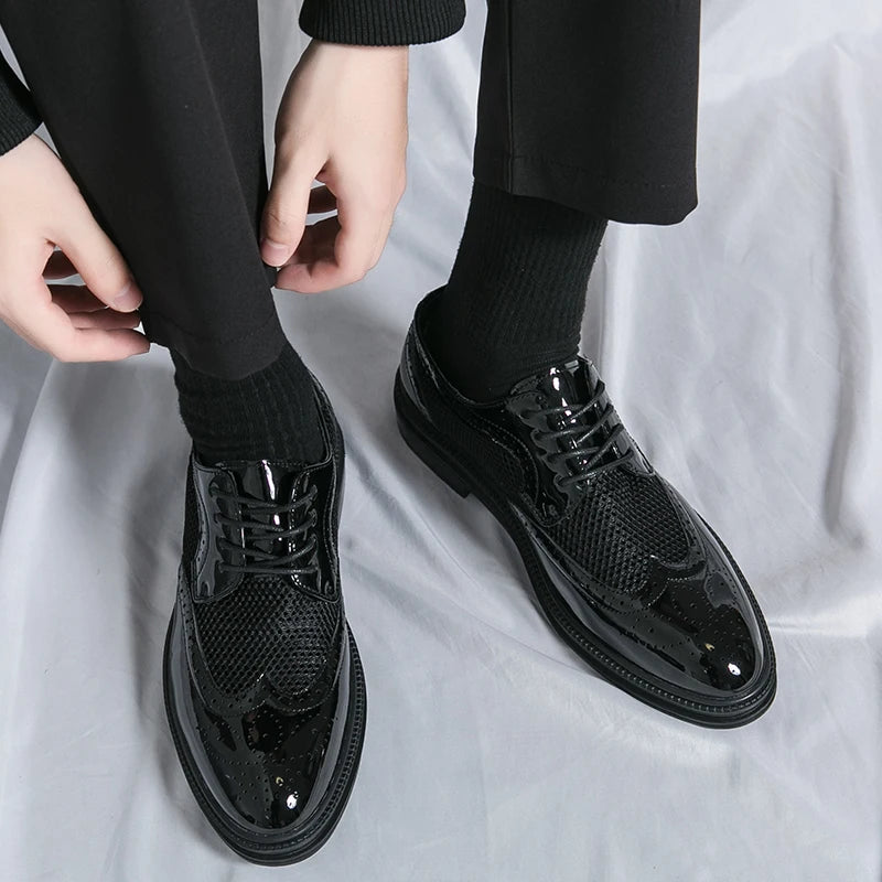 Men Oxfords Shoes Genuine Leather Shoes Patent Leather Formal Breathable Dress Shoes Hollow Mesh Out Flats