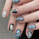 24pcs Gothic Metal Fake Nails Silver Nails 3D Rhinestone Butterfly Decor Almond False Nails Short Oval