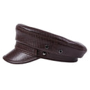 Brown leather cap with buttons on a white background, featuring the brand 'Obroi'.