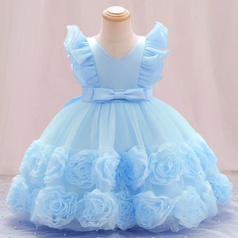 Summer Little Flying Sleeves Applique Bow Tie Girls Puffy Dress Birthday Party Wedding Flower Boy Christmas Dress