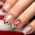 Nails with watermelon and ice cream designs on a neutral background, Obroi