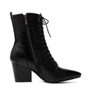 Black lace-up boots with a crocodile texture on a white background, Obroi