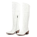Winter Women Knee High Boots Pointed Toe Pull On Embroidered Thick Heels Boots Zipper