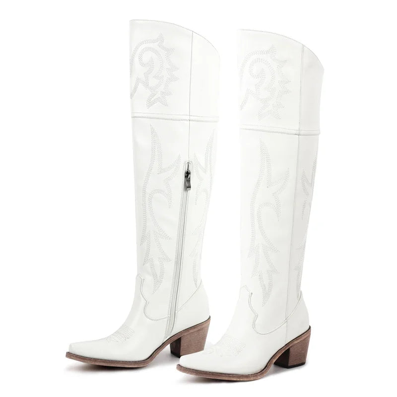 Winter Women Knee High Boots Pointed Toe Pull On Embroidered Thick Heels Boots Zipper