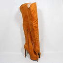 Orange suede over-the-knee boots on a white background with 'Obroi' branding.