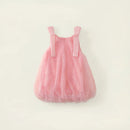 A pink toddler girl's sleeveless dress with a sparkly tulle skirt and matching pink shoulder straps, laid flat against a light cream background, Obroi