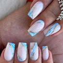 Marble Fake Nail Design With Glossy Gold Glitter Nail Coffin Acrylic Nail White Blue Whirlpool Women'S Nail