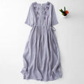 Spring Summer Fresh Linen Blended Dress for Women Floral Embroidery Loose Casual Female