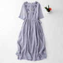Spring Summer Fresh Linen Blended Dress for Women Floral Embroidery Loose Casual Female