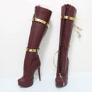 Maroon knee-high boots with gold accents on a white background, featuring the brand 'Obroi'.
