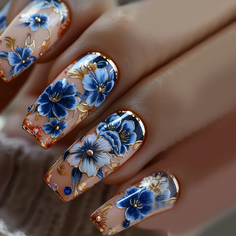24pcs Red Coffin False Nails Art Press on Mid-length Ballet Nails Flower Full Cover Nail Tips Datachable Fashion Fake Nail Sets