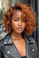 Woman with vibrant red hair wearing a black leather jacket, Obroi