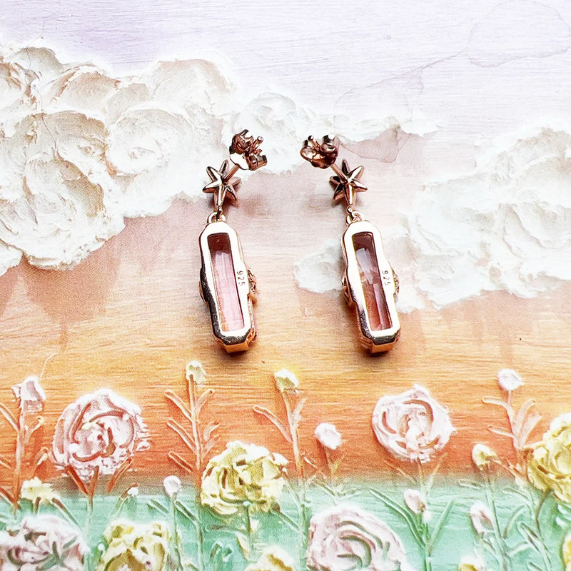 Pink Stone Rose Gold Plated Stud Earrings Europe Romantic Fine Jewerly For Women Gift In Real 925 Sterling Silver