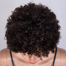 Close-up of a wig with curly hair on a mannequin head against a light gray background, Obroi