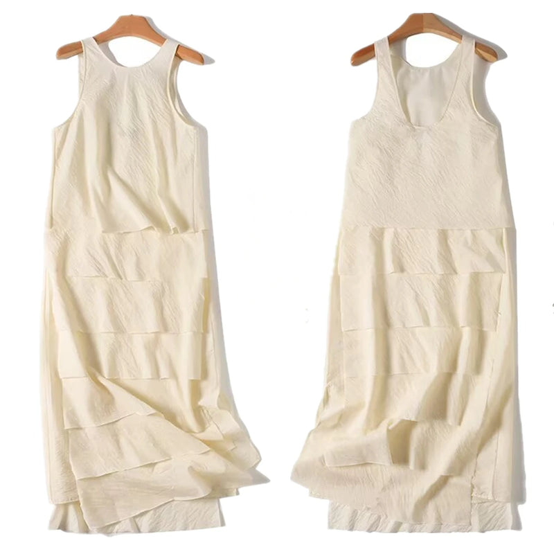 Nordic Minimalist Off-white Sleeveless Tank Dress Women Ladies Layered Cake Skirt Midi Dress female