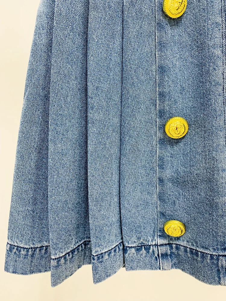 Denim Skirt Double Breasted Lion Button Pressed Pleated Washed Blue Denim Short Mini Skirt