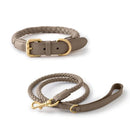 Brown braided dog collar and leash set with gold hardware on a white background, Obroi