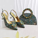 Glitter Rhinestone Ring Handle Evening Clutch And Women Slingback Heels Shoes Set in Sky Blue Color