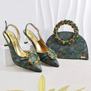 Elegant Olive Color Glitter Rhinestone Ring Handle Evening Clutch And Slingback Heels and Bag Set