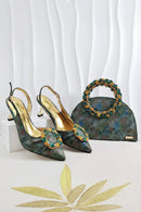 Elegant Olive Color Glitter Rhinestone Ring Handle Evening Clutch And Slingback Heels and Bag Set
