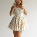 Women Beige Strawberry Tie Bow Strap Dress Cross Swing Cake