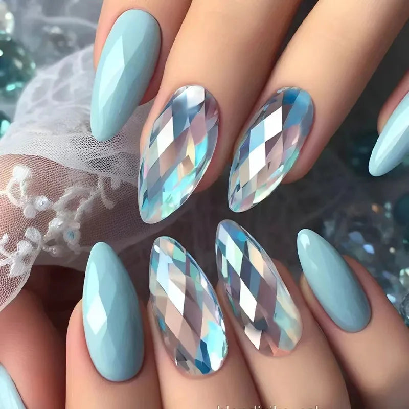 24pcs Purple Crystal Decor False Nails Irregular Crystal Almond Press on Nails Wearable Detachable Ins