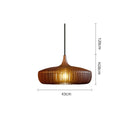 Wooden pendant light with dimensions and specifications on a white background