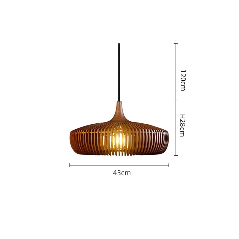 Wooden pendant light with dimensions and specifications on a white background