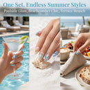 A promotional collage with the text 'One Set, Endless Summer Styles' and 'Poolside Glam, Beachcomber Chic, Terrace Brunch' above three lifestyle panels. The left panel shows a hand holding a martini glass by a pool, Obroi