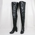 Black leather over-the-knee boots on a white background with 'Obroi' branding.