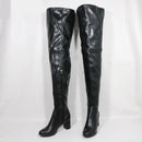 Black leather over-the-knee boots on a white background with 'Obroi' branding.