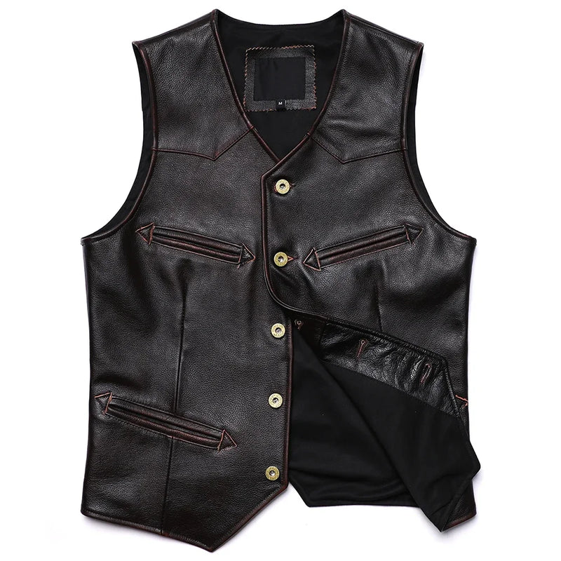 New Brown Edge Grinding V-neck Genuine Leather Vest Men's Natural Cowhide Slim Sleeveless Jacket Business Gentleman Waistcoat