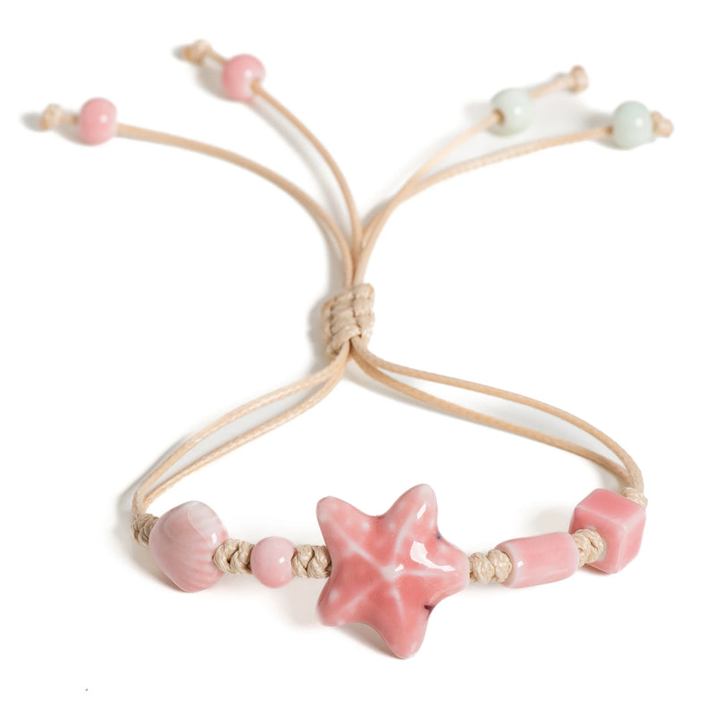 Handmade Pink Starfish Ceramic Bracelet Boho Adjustable Beach Jewelry gifts