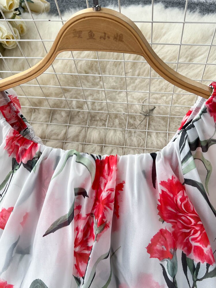 Vintage Beach Dress Women Elegant Off The Shoulder Floral Party Dresses Ladies A-line Casual Chiffon Long Robe